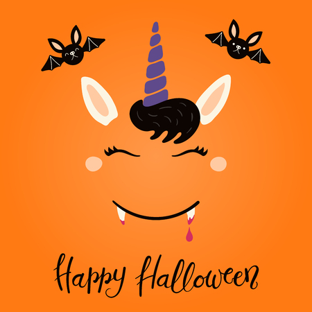 Hand drawn vector illustration of a cute funny vampire unicorn face decoration, with lettering quote Happy Halloween. Isolated objects on white background. Flat style design. Concept children print.のイラスト素材