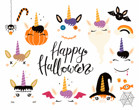 Halloween set with cute unicorns, pumpkin, ghost, witch, vampire, zombie, Frankenstein, devil. Isolated objects. Hand drawn vector illustration. Flat style design Concept for children print partyのイラスト素材