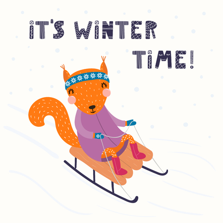 Hand drawn vector illustration of a cute funny squirrel sledding outdoors in winter, with text Its winter time. Isolated objects on white. Scandinavian style flat design. Concept for children print.のイラスト素材
