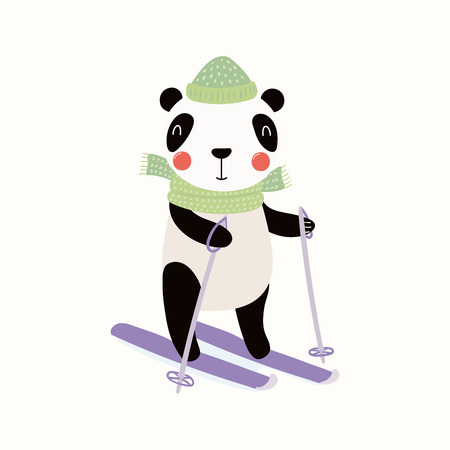 Hand drawn vector illustration of a cute funny panda skiing outdoors in winter. Isolated objects on white background. Scandinavian style flat design. Concept for children print.のイラスト素材