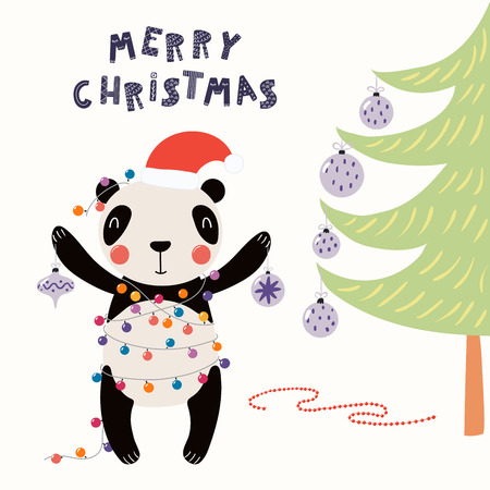 Hand drawn vector illustration of a cute panda in a Santa hat, with lights, ornaments, tree, text Merry Christmas. Isolated objects on white. Scandinavian style flat design. Concept for card, invite.のイラスト素材