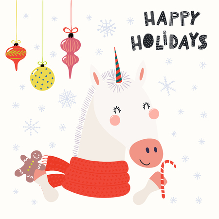 Hand drawn vector illustration of a cute unicorn in a scarf, with sugar cane, gingerbread, text Happy holidays. Isolated objects on white. Scandinavian style flat design. Concept for Christmas card .のイラスト素材