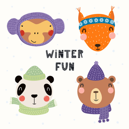 Set with cute animals monkey, squirrel, panda, bear in warm hats, mufflers. Isolated objects on white background. Hand drawn vector illustration. Scandinavian style flat design. Concept for kids printのイラスト素材