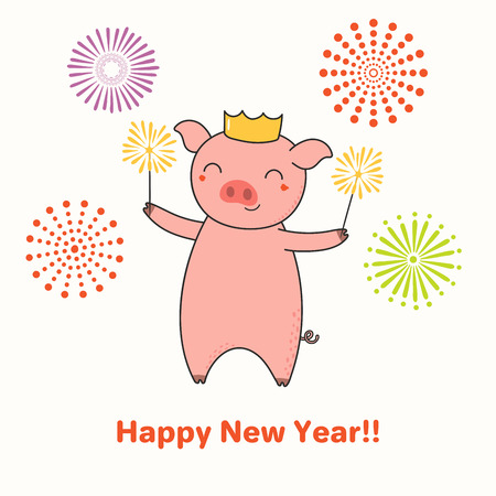 Hand drawn New Year greeting card with cute funny pig with sparklers, typography. Isolated objects on white background. Line drawing. Vector illustration. Design concept for party, invitation.のイラスト素材