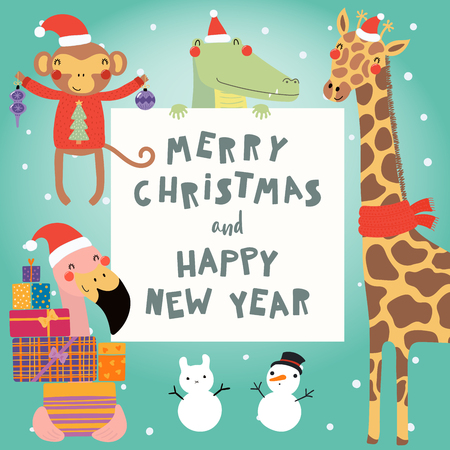 Hand drawn card with cute funny animals in Santa Claus hats, smowmen, text Merry Christmas and Happy New Year. Vector illustration. Scandinavian style flat design. Concept for children print.のイラスト素材