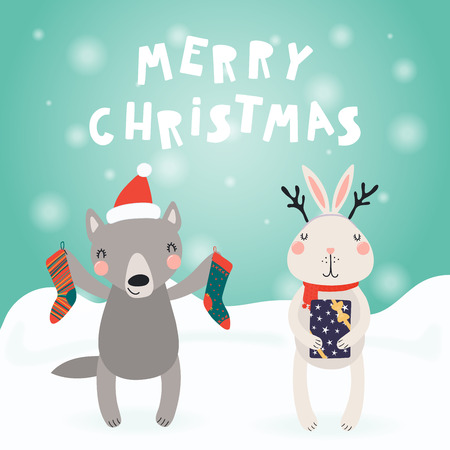 Hand drawn card with cute funny wolf, bunny in Santa Claus hats, in the snow, with stockings, gift, text Merry Christmas. Vector illustration. Scandinavian style flat design. Concept children print.のイラスト素材