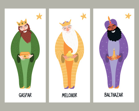Set of hand drawn cards with three kings of orient with gifts. Vector illustration. Flat style design. Concept, element for Epiphany card, banner.のイラスト素材