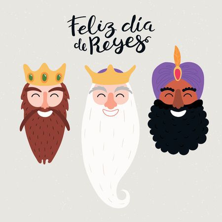 Hand drawn vector illustration of three kings portraits, with Spanish quote Feliz Dia de Reyes, Happy Kings Day. Isolated objects on gray. Flat style design. Concept, element for Epiphany card, bannerのイラスト素材