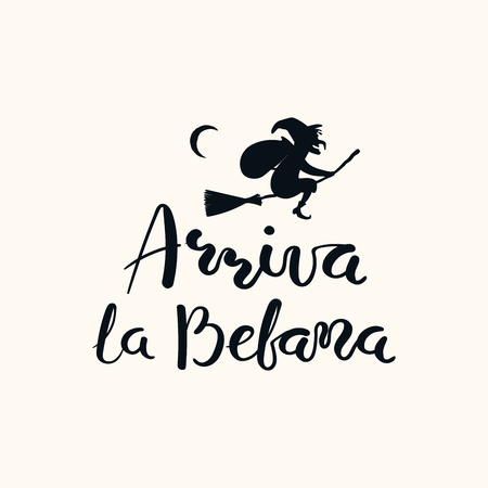 Hand written Italian lettering quote Arriva la befana, Befana arrives, with flying witch. Isolated objects on white. Hand drawn vector illustration. Design concept, element for Epiphany card, banner.のイラスト素材