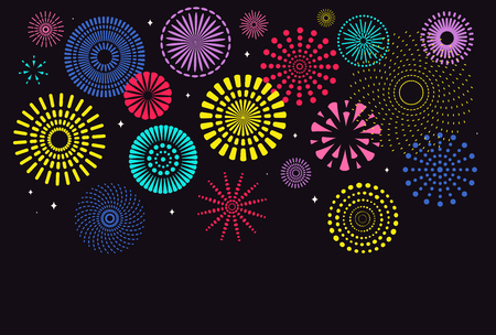 Chinese New Year background with bright fireworks of different colors on black. Vector illustration. Flat style design. Concept for holiday banner, greeting card, decorative element.のイラスト素材