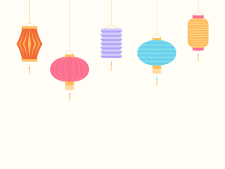 Chinese New Year background with lanterns. Isolated objects on white background. Vector illustration. Flat style design. Concept for holiday banner, greeting card, decorative element.のイラスト素材