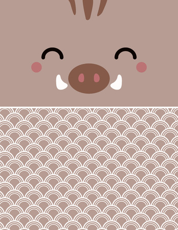 2019 New Year greeting card with kawaii wild boar face, traditional ocean waves pattern. Vector illustration. Flat style design. Concept for Japanese holiday banner, decorative element.のイラスト素材