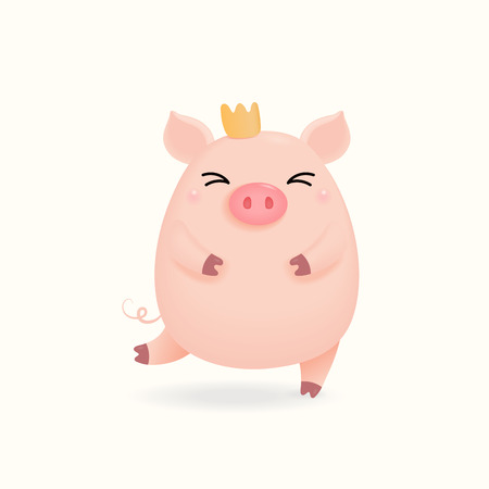 Hand drawn vector illustration of a cute little pig in a crown. Isolated objects on white background. Design concept for Chinese New Year greeting card, holiday banner, decorative element.のイラスト素材