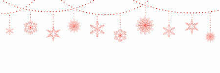 Christmas background with garlands and hanging snowflakes, on white. Vector illustration. Flat style design. Concept for winter holiday banner, greeting card, decorative element.のイラスト素材