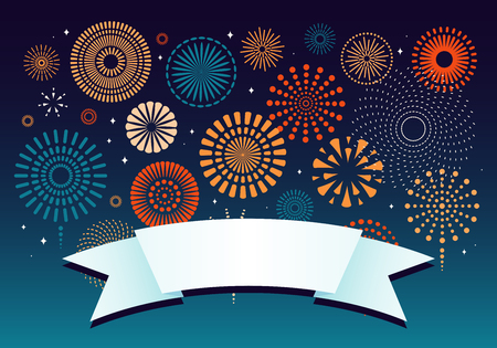 Colorful fireworks on dark background, with space for text on a ribbon. Vector illustration. Flat style design. Concept for holiday banner, poster, flyer, greeting card, decorative element.のイラスト素材