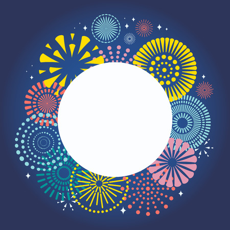 Colorful fireworks on dark background, with space for text. Vector illustration. Flat style design. Concept for holiday banner, poster, flyer, greeting card, decorative element.のイラスト素材