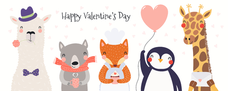 Hand drawn card with cute funny animals, hearts, text Happy Valentines day. Isolated objects on white background. Vector illustration. Scandinavian style flat design. Concept for children print.のイラスト素材