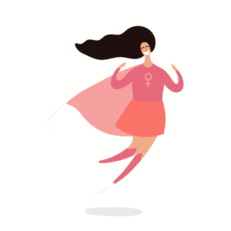 Hand drawn vector illustration of a happy woman superhero flying. Isolated objects on white background. Flat style design. Concept, element for feminism, womens day card, poster, banner.のイラスト素材