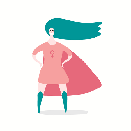 Hand drawn vector illustration of a happy woman superhero. Isolated objects on white background. Flat style design. Concept, element for feminism, womens day card, poster, banner.のイラスト素材