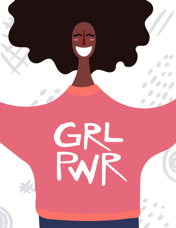 Womens day card, poster, banner, with quote Girl power and smiling black woman portrait. Hand drawn vector illustration. Flat style design. Concept, element for feminism, girl power.のイラスト素材