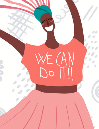 Womens day card, poster, banner, with quote We can do it and smiling black woman portrait. Hand drawn vector illustration. Flat style design. Concept, element for feminism, girl power.のイラスト素材