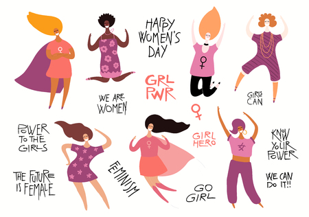 Set of diverse women, quotes about girl power, feminism. Isolated objects on white background. Hand drawn vector illustration. Flat style design. Concept, element for womens day card, poster, banner.のイラスト素材