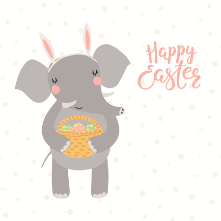 Hand drawn vector illustration of cute elephant in bunny ears, with basket, eggs, with text Happy Easter. Isolated objects on white background. Scandinavian style flat design. Concept kids print, cardのイラスト素材