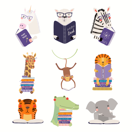 Big set with cute animals reading different books. Isolated objects on white background. Hand drawn vector illustration. Scandinavian style flat design. Concept for children print, learning.のイラスト素材