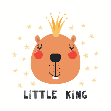 Hand drawn vector illustration of a cute funny beaver in a crown, with lettering quote Little king. Isolated objects on white background. Scandinavian style flat design. Concept for children print.のイラスト素材