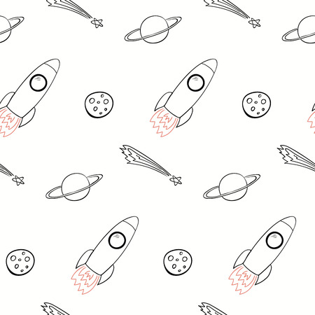 Hand drawn seamless space pattern with rocket, moon, planet, comet on white background. Vector illustration. Line drawing. Concept for children textile print, wallpaper, wrapping paper.のイラスト素材