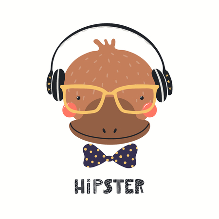 Hand drawn vector illustration of a cute hipster platypus in glasses, with lettering quote Hipster. Isolated objects on white background. Scandinavian style flat design. Concept for children print.のイラスト素材