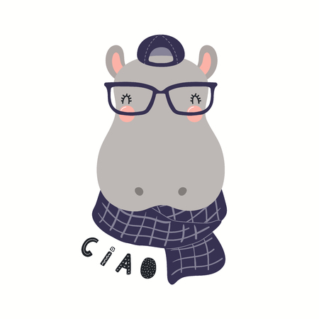 Hand drawn vector illustration of a cute hipster hippo in glasses, with quote Ciao, Hello in Italian. Isolated objects on white background. Scandinavian style flat design. Concept for children print.のイラスト素材