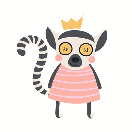 Hand drawn vector illustration of a cute funny lemur girl in a dress. Isolated objects on white background. Scandinavian style flat design. Concept for children print.のイラスト素材