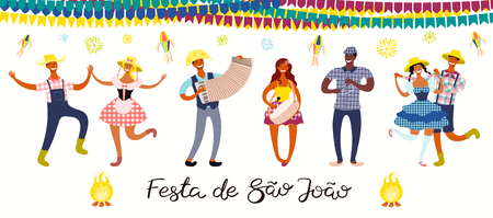 Festa Junina banner with dancing people, musicians, lanterns, Portuguese text Festa de Sao Joao. Isolated objects. Hand drawn vector illustration. Flat style design. Concept for holiday poster, flyer.のイラスト素材