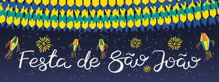 Festa Junina banner with lanterns, bunting, fireworks, Portuguese text Festa de Sao Joao, on dark background. Hand drawn vector illustration. Flat style design. Concept for holiday poster, flyer.のイラスト素材