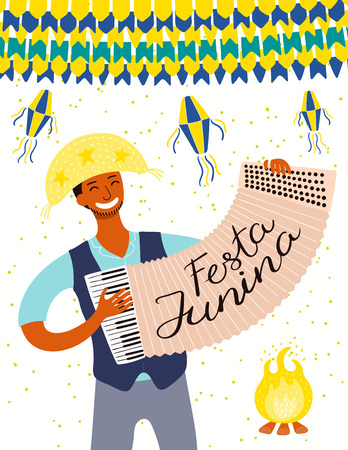 Festa Junina poster with a musician playing accordion, lanterns, bunting, Portuguese text. Hand drawn vector illustration. Flat style design. Concept for traditional Brazilian holiday banner, flyer.のイラスト素材