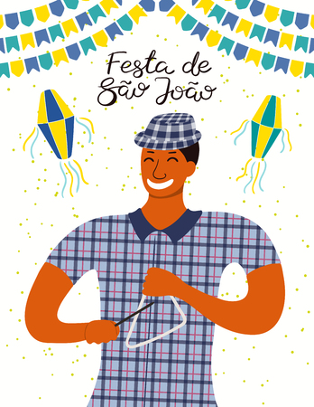 Festa Junina poster with a musician playing triangle, lanterns, bunting, Portuguese text Festa de Sao Joao. Hand drawn vector illustration. Flat style design. Concept Brazilian holiday banner, flyer.のイラスト素材