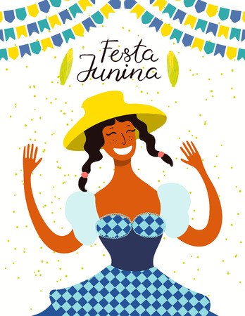 Festa Junina poster with a dancing girl in a straw hat, bunting, corn, Portuguese text. Hand drawn vector illustration. Flat style design. Concept for traditional Brazilian holiday banner, flyer.のイラスト素材
