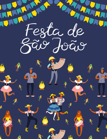 Festa Junina poster with dancing people, musicians, lanterns, bunting, bonfire, Portuguese text Festa de Sao Joao. Hand drawn vector illustration. Flat style design. Concept for holiday banner, flyer.のイラスト素材