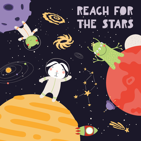 Hand drawn vector illustration of cute animal astronauts, alien in space, with lettering quote Reach for the stars. Isolated objects on dark. Scandinavian style flat design. Concept for children printのイラスト素材