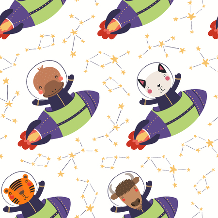 Hand drawn seamless vector pattern with cute animal astronauts, stars, in space, on a white background. Scandinavian style flat design. Concept for children textile print, wallpaper, wrapping paper.のイラスト素材