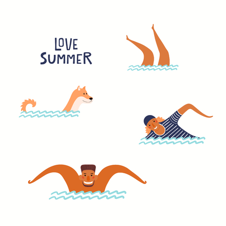 Hand drawn vector illustration of happy people, dog swimming in the sea, with lettering quote Love summer. Isolated objects on white background. Flat style design. Concept, element for poster, banner.のイラスト素材