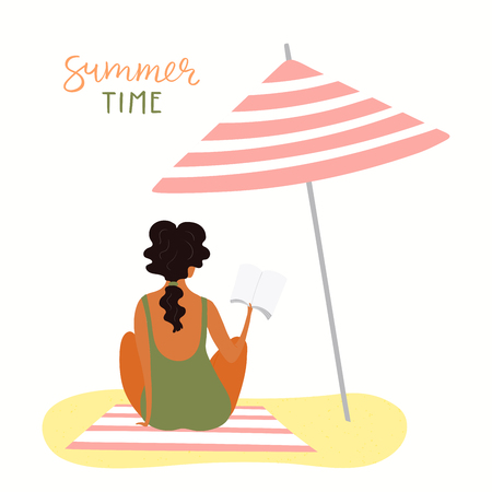 Hand drawn vector illustration of a happy woman on the beach reading, with lettering quote Summer time. Isolated objects on white background. Flat style design. Concept, element for poster, banner.のイラスト素材