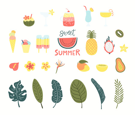 Big set of summer drinks, fruits, ice cream, tropical flowers, palm leaves. Hand drawn vector illustration. Isolated objects on white background. Flat style design. Concept, element for poster, bannerのイラスト素材