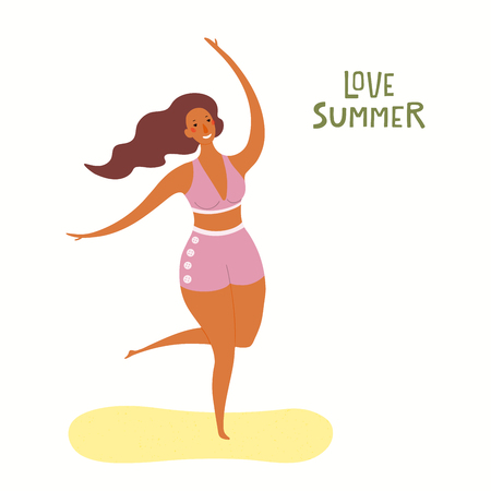 Hand drawn vector illustration of a happy woman on the beach dancing, with lettering quote Love summer. Isolated objects on white background. Flat style design. Concept, element for poster, banner.のイラスト素材