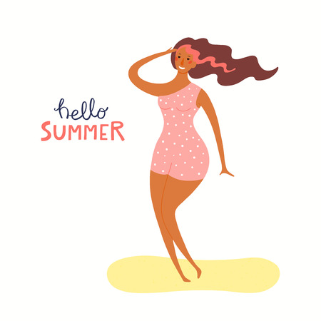 Hand drawn vector illustration of a happy woman on the beach dancing, with lettering quote Hello Summer. Isolated objects on white background. Flat style design. Concept, element for poster, banner.のイラスト素材