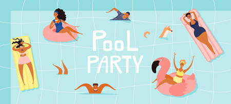 Hand drawn vector illustration with happy young people in the pool, swimming, sunbathing, with lettering quote Pool party. Flat style design. Concept, element for summer poster, banner, background.のイラスト素材