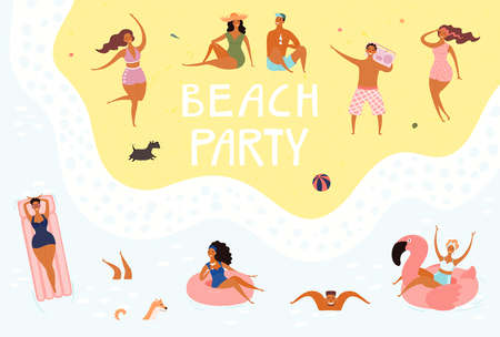 Hand drawn vector illustration with happy young people swimming, dancing, sunbathing, with lettering quote Beach party. Flat style design. Concept, element for summer poster, banner, background.のイラスト素材