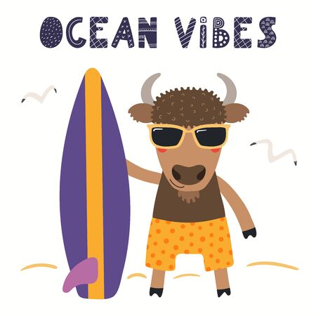 Hand drawn vector illustration of a cute bison in summer, with surfboard, lettering quote Ocean vibes. Isolated objects on white background. Scandinavian style flat design. Concept for children print.のイラスト素材