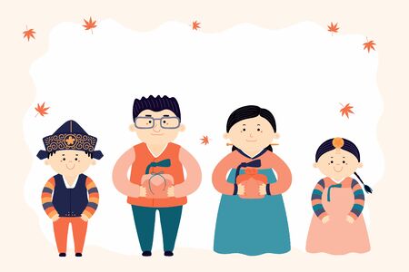 Hand drawn vector illustration for Korean holiday Chuseok, with family, mother, father, children, presents, falling leaves. Flat style design. Concept for holiday card, poster, banner.のイラスト素材